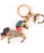 Bling Crystal Rhinestone Unicorn Key Chain Bag Charm Rainbow Gold - $14.85