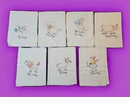 Vintage Flour Sack Towels Days of the Week Cow Theme Hand Embroidered Lot of 7 - $67.29