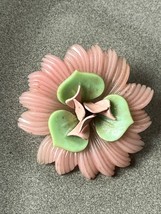 Vintage Light Pink &amp; Green Plastic Layered Flower Pin Brooch – 1.75 inches in - £11.97 GBP
