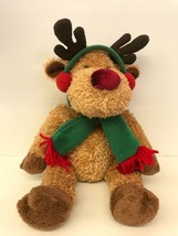 Christmas Reindeer Stuffed With Ear Muffs And Green Scarf Fluffy Holiday - £14.97 GBP