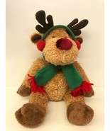 Christmas Reindeer Stuffed With Ear Muffs And Green Scarf Fluffy Holiday - £15.02 GBP