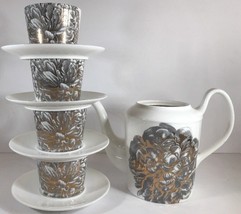 TEAVANA CASKATA 4-Cups 4-Saucers 1-Teapot No Lid PEONY Fine Porcelain USA Set - £58.72 GBP