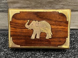 Mid-Century Wood Jewelry Trinket Box w/ Inlaid Brass Elephant &amp; Accents - - £11.45 GBP