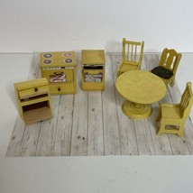 VTG Wooden Yellow Dollhouse Kitchen Furniture Stove Table Chairs Dishwasher LOT - £14.61 GBP