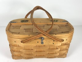 Vintage Small West Rindge Basket 9 x 6 x 5 Half Hinged Lid Leather Handles - £31.81 GBP