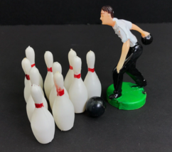 Male Bowler w/Ten Pin Figurines &amp; Ball Vintage Plastic Cake Topper 4” Ho... - £10.10 GBP