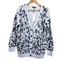 NEW 525 America Womens M Leopard Cardigan Chunky Rib Knit Blue Animal Print - £27.15 GBP