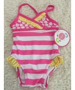 NEW Circo Baby Girls Pink White Striped Yellow Ruffles One Piece Swimsui... - $8.73 CAD
