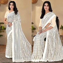 Elegant White Sequins Embroidered Georgette Saree - Party &amp; Wedding Attire - £48.26 GBP