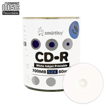 100 Pack Smartbuy 52X CD-R 700MB 80Min White Inkjet Printable Blank Reco... - $22.99