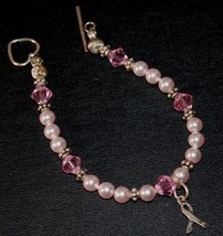  Just Pink Swarovski Crystal &amp; Pearl Beaded Breast Cancer Ribbon Bracelet - £19.94 GBP