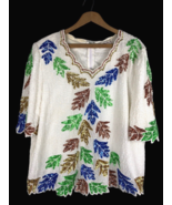 Beaded Top Size Medium Vintage White Blue Green Leaf Print Copper Evenin... - $46.39