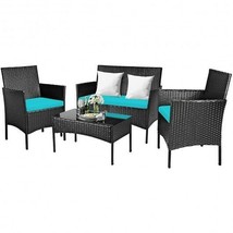 4 Pcs Patio Rattan Cushioned Sofa Furniture Set with Tempered Glass Coff... - $5,123.54 MXN