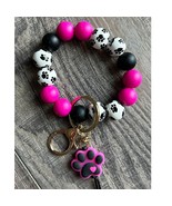Paw Print Silicone and Wooden Bead Wristlet Keychain Bag Charm Pink - €15,42 EUR