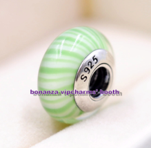 925 Sterling Silver Handmade Lampwork Green Candy Stripes Murano Glass Charm - £5.08 GBP