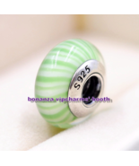 925 Sterling Silver Handmade Lampwork Green Candy Stripes Murano Glass C... - $6.60