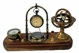 Nautical antique brass pen holder compass Armillary design table desktop clock. - £74.43 GBP