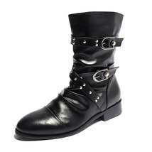 new arrival men&#39;s luxury fashion cow leather boots punk motorcycle boot high top - £77.60 GBP