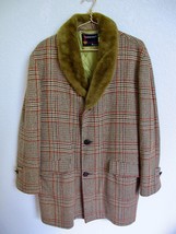 Vintage TownCraft Men&#39;s Glen Plaid Wool Car Coat 44 Fur Collar Brown Green Rust - £55.93 GBP