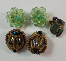 Vintage Lot of 2 West German Green Brown Glass Beaded Clip On Earrings 1950s - £23.29 GBP