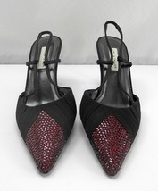 Lord &amp; Taylor Black Pleated Fabric Red Rhinestone Slingback Heels - Wome... - £12.84 GBP