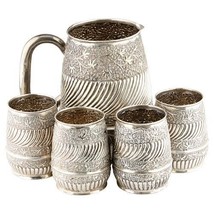 Repousse Silver Water Pitcher &amp; 4 Cups - £1,219.07 GBP