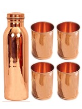 Copper Mirror Finish Plain Copper Bottle &amp; Four Plain Copper Glass 1 Litre - £37.45 GBP