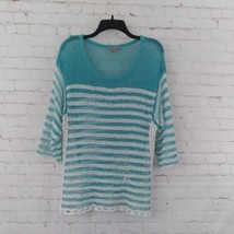 Sharon Young Top Womens Small Blue Striped 3/4 Sleeve Open Knit Tunic Crochet - £15.97 GBP