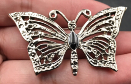 Silver Tone Butterfly w/ Black Enamel Body Brooch Pin 2.25&quot; x 1.25&quot; - £6.03 GBP