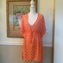 Merona Women&#39;s Beach Cover Up Size M, Sheer, V-Neck, Drawstring, Orange - $26.24