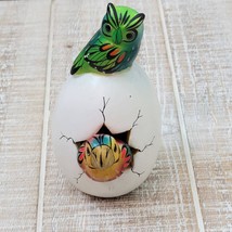 Cracked Egg Clay Pottery Bird Green Owl Yellow Parrot Hand Painted Signed Mexico - £11.68 GBP
