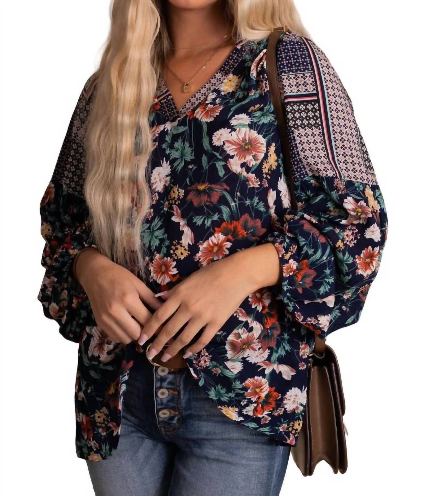 Jodifl floral mix long sleeve top in Navy