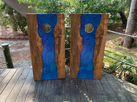 Waterproof Cornhole WRAPS / Dark Blue Epoxy / Natural Wood Grain  / Lami... - $85.00