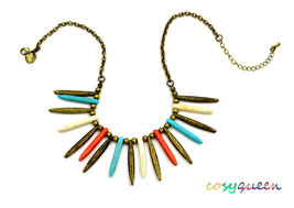 Women new bronze coral blue white spike metal stone tribal chain necklace - $9,999.00