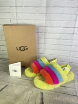 UGG Girls Fluff Yeah Neon Rainbow Multi Color Fuzzy Slippers Big Kids Si... - $69.29