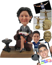 Personalized Bobblehead Lady Wearing Jacket Sitting On A Couch Reading A Book An - £139.06 GBP