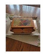 Vintage Jewelry Box, Wood Decoupage, Floral Picture, Hinged Dovetailed - $22.00