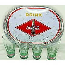 Coca Cola Libbey Christmas Glasses Galvanized Tray Steel Trees Holly Set of 4 - £17.72 GBP