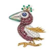18k/14k Or Oiseau Broche W/ de Culture Abalone, Saphir Etoile Rubis / Di... - $8,814.86