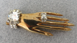Unmarked Coro Hand Brooch Clear Glass Rhinestones Gold Tone  2.5&quot; Long J... - £62.46 GBP