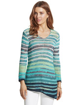 Chico&#39;s Sz 3 Marsha Asymmetrical Striped Pullover Sweater Green Blue Xl 16 18 - £19.97 GBP