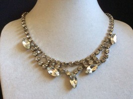 VTG Deco  marquis cut clear crystal Rhinestones silver tone Necklace 15&quot; - £97.08 GBP