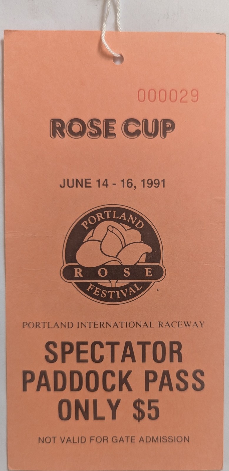 Spectator Paddock Pass Portland Intl. Raceway Rose Cup June 14-16, 1991 - $4.49