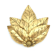 ANTIQUED gold-tone vintage dress clip - textured leaf &amp; flower pin 2&quot; brooch - £19.98 GBP