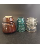 Lot of 3 Ceramic &amp; Glass Insulators, Brown Glazed, Green and Clear Glass - $19.20 CAD
