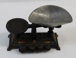Vintage Small Mini Cast Iron Balance Scale With Scoop &amp; 4 Weights Complete  - £19.51 GBP