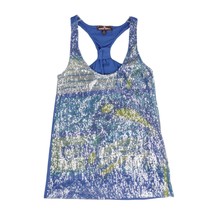 ALMOST FAMOUS Sheer Shimmer Sequin Blue Racerback Tank Top Women&#39;s M Sil... - £15.50 GBP