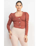 Smocky Mauve Brown Geometric Cami Puff Sleeves Button Front Blazer Top Set - £9.59 GBP