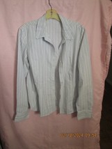 Classic Fitted Pinstripe Shirt, Darts, Wrinkle Free Tan &amp; White &amp; Blue - $10.00