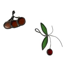 Vintage Set of 2 Stained Glass Hanging SunCatcher Ornaments Red Cherries Kitschy - £10.09 GBP